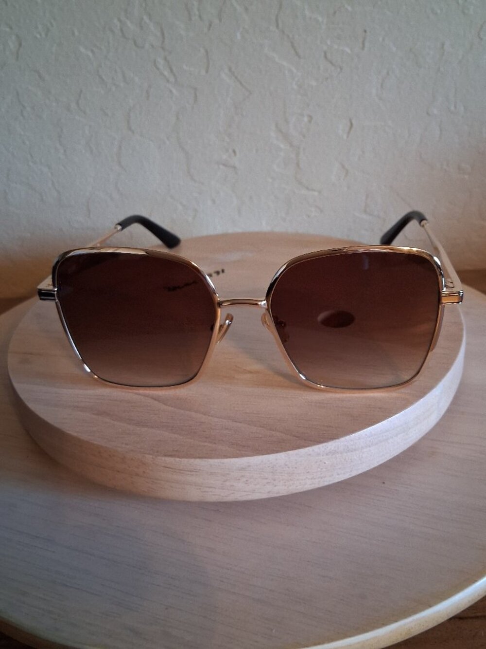Quay, 5th Ave 58 MM square sunglasses in gold and brown. Gradient colorway